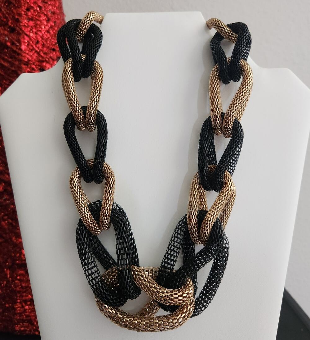 Braided Metallic Mesh Bold Chunky Necklace Black & Gold